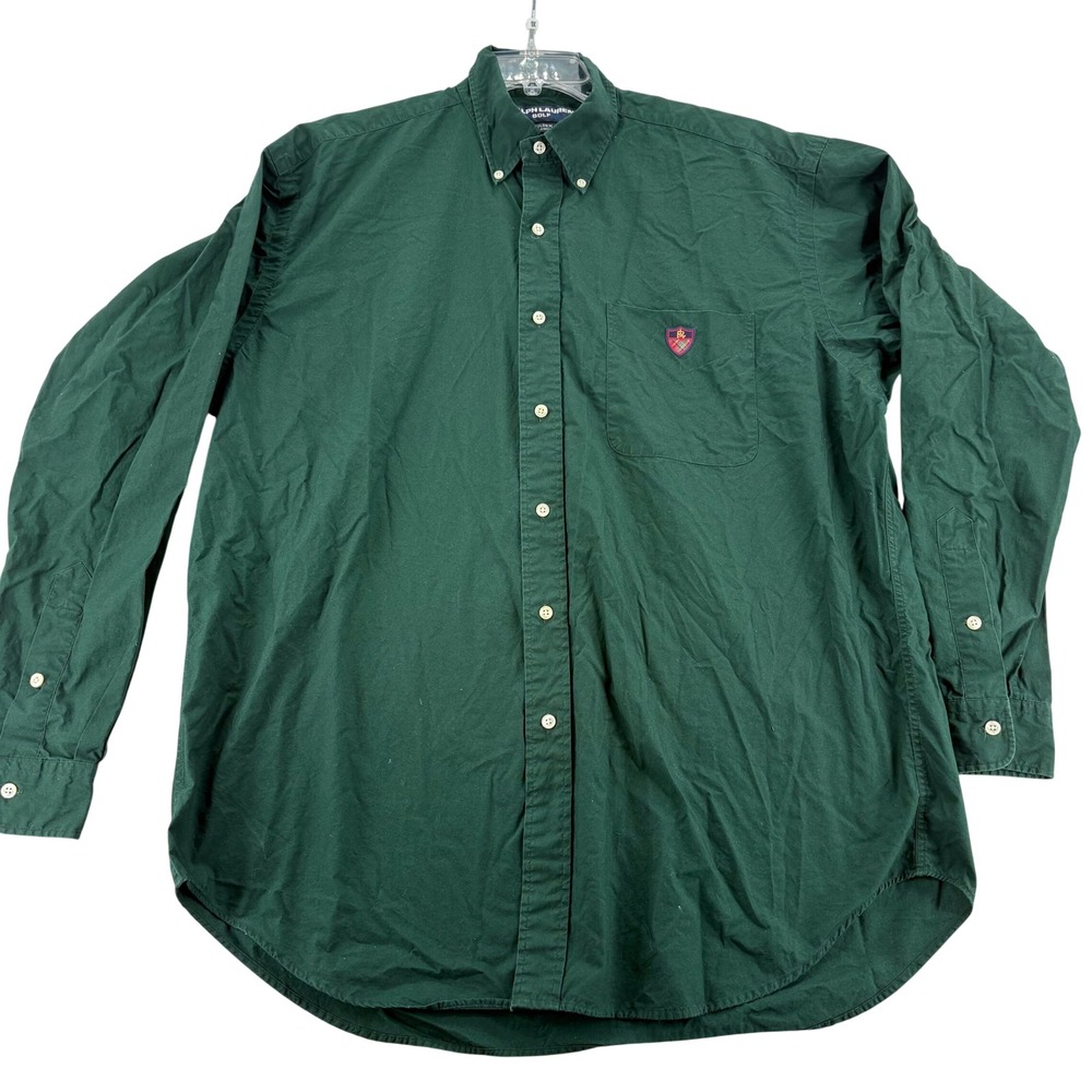 Vintage Ralph Lauren Golf Tilden Shirt Men's L Green Cotton Crest Button Down